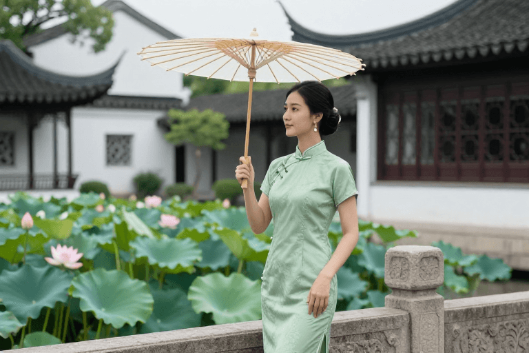 江南园林素材：烟雨江南：青绿旗袍与油纸伞的东方诗意