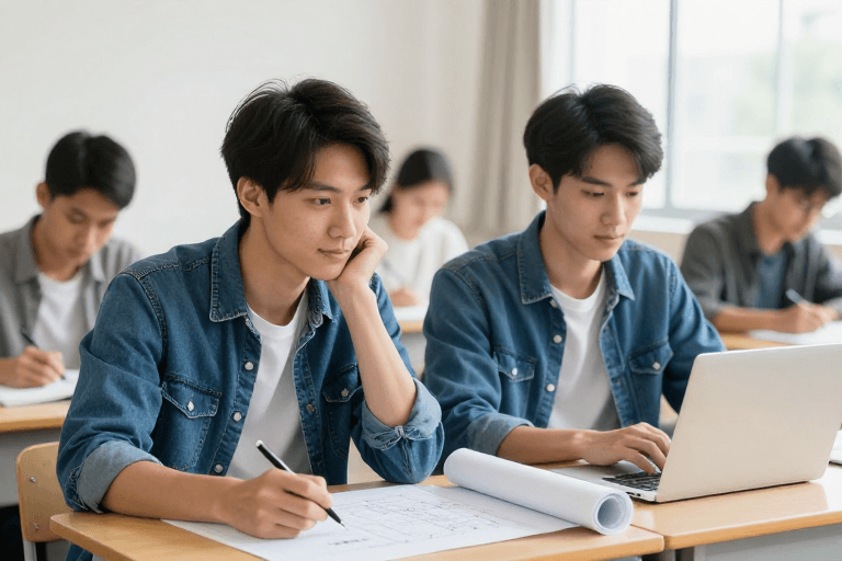 自然光影素材：专注协作：大学生工程课堂实景光感
