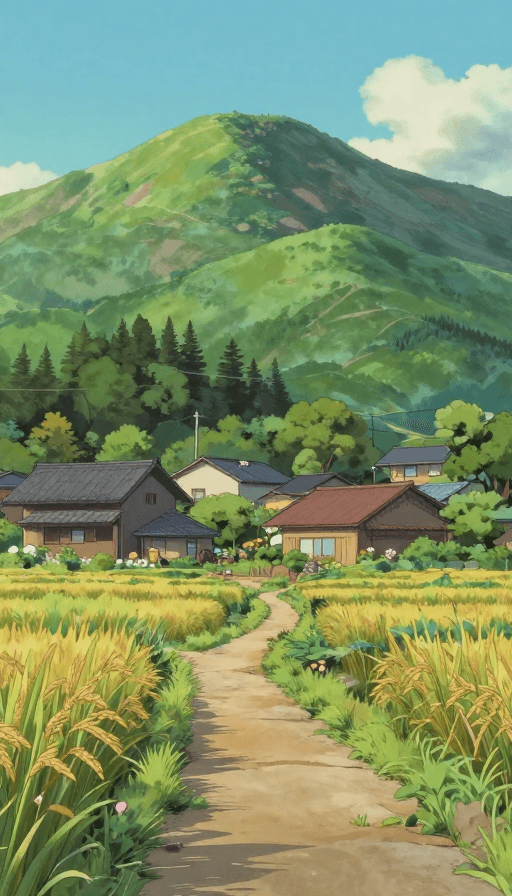 朝霞景观素材：宫崎骏风朝霞稻田：静谧田园风光与小屋