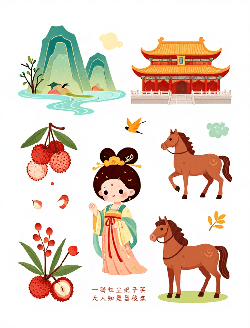 中国古风素材：中国古风杨贵妃荔枝清新卡通插画