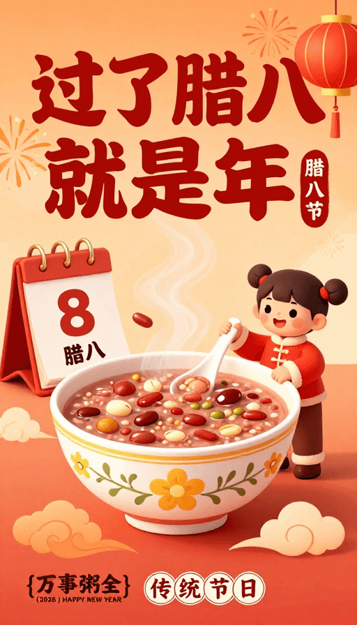 新年祝福素材：腊八节国潮插画海报：暖色喜庆年味