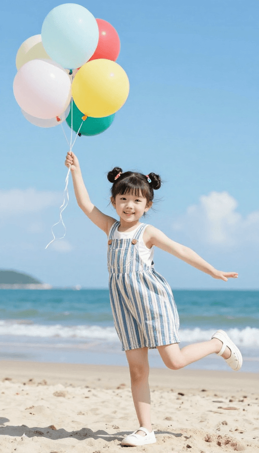 户外拍摄素材：童趣阳光：双丸子头女孩碧海蓝天间开怀大笑