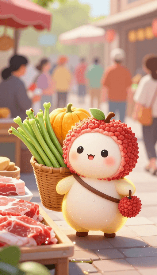 高画质插画素材：拟人荔枝精灵背菜逛肉摊金光闪闪
