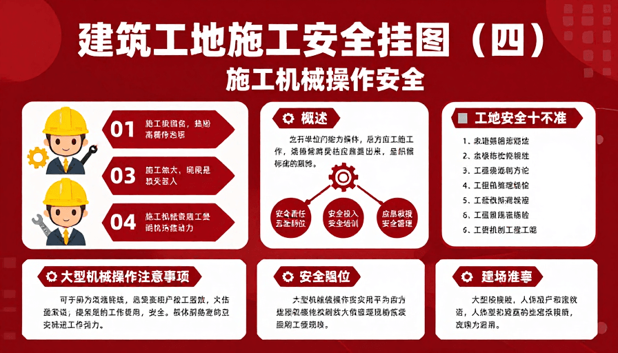 深红色背景素材：工地施工安全挂图四：机械操作规范与安全要点