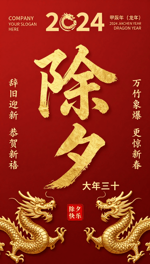 金红配色素材：金红龙凤除夕海报：传统书法与龙腾甲辰年的新春设计