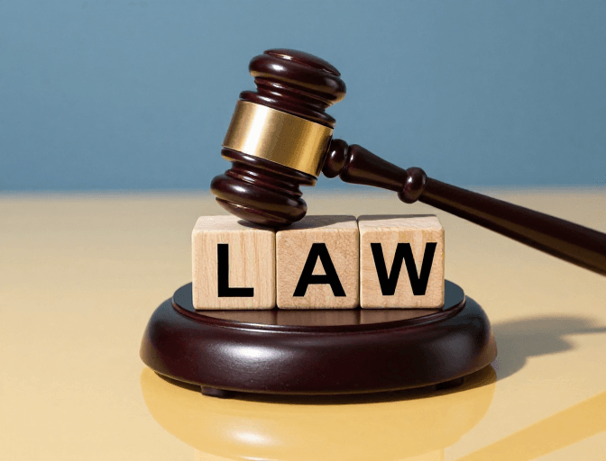 商务场景素材：法槌与LAW积木光影呈现法律权威感