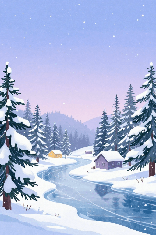低饱和度素材：冬日梦幻雪景插画，静谧治愈背景