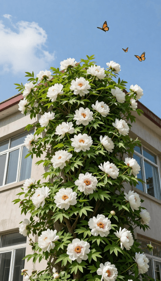 季节宣传素材：春日焕新：建筑上的牡丹花与飞舞蝴蝶