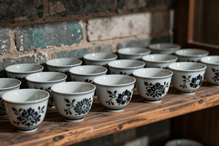 传统纹样素材：手工黑花白釉瓷杯：传统纹样的静谧之美