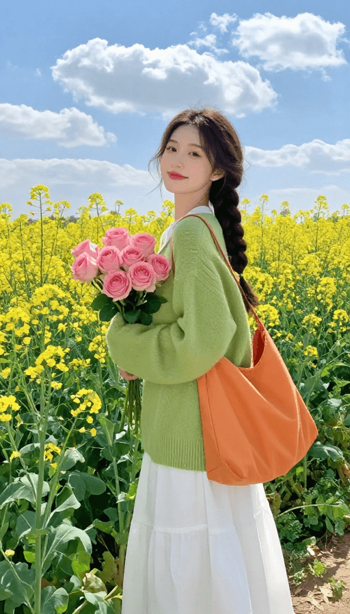 少女写真素材：蓝天下的春日花海：牛油果绿毛衣与粉玫瑰的浪漫邂逅