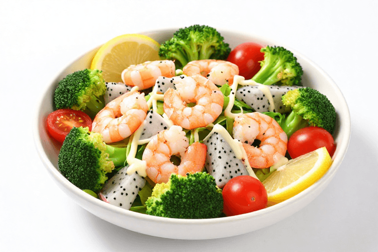 色彩丰富素材：鲜虾火龙果沙拉：色彩缤纷的健康轻食
