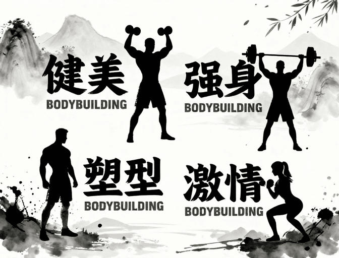 黑白插画素材：水墨健身：传统意境与力量美学的现代海报艺术