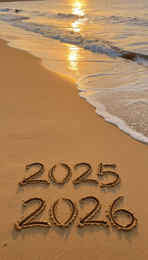 未来展望素材：夕阳沙滩年份更替：2025至2026的视觉旅程