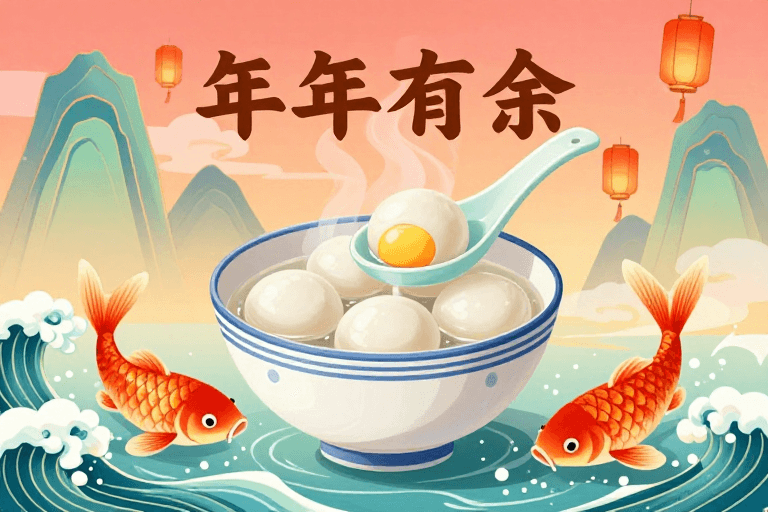 元宵节素材：暖色晕染东方意境：新中式汤圆插画展现元宵团圆