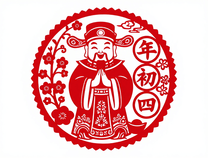 春节元素素材：红纸剪纸福神·大年初四节庆装饰