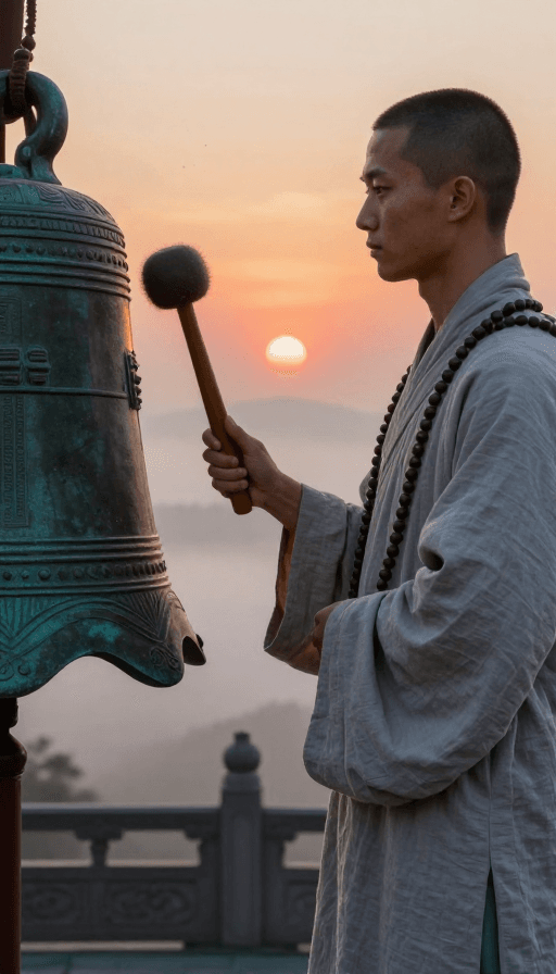 晨雾摄影素材：晨雾叩钟：8K禅意僧人特写瞬间