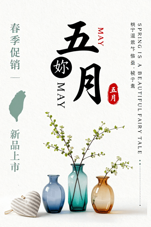 春季促销素材：五月新品上市海报：简约书法风春季促销视觉设计