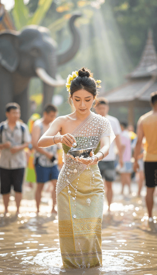晨光摄影素材：傣族少女舀水瞬间：金线筒裙与泼水节的晨光
