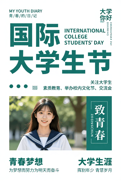 简约青绿校园风：国际大学生节海报