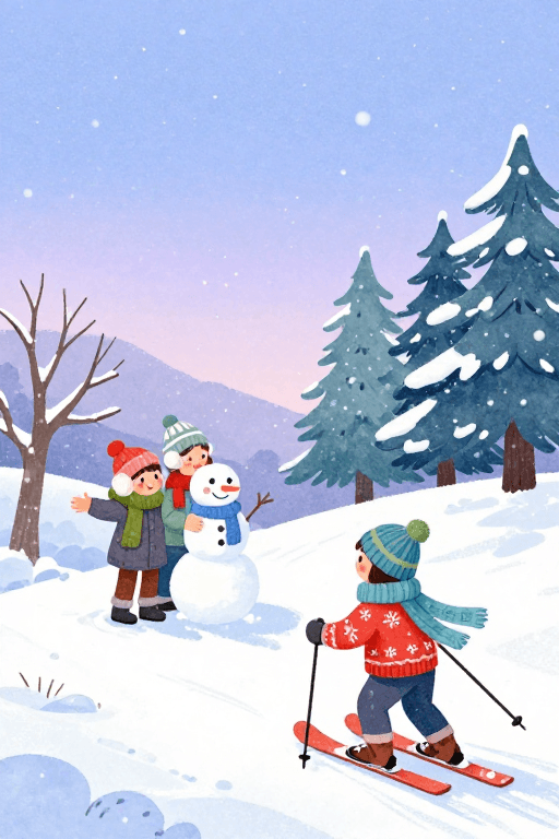 商业背景素材：冬日童话：梦幻水彩雪景插画