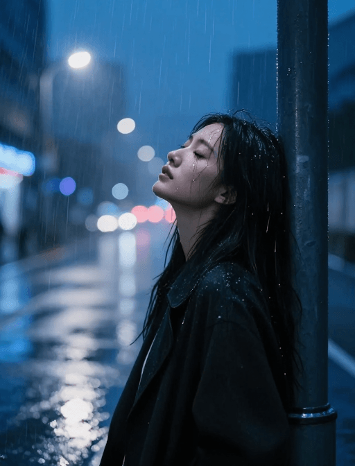 电影质感素材：冷蓝雨夜霓虹下，泪光与银丝交织的都市独白