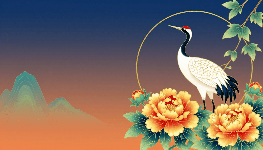 背景设计素材：暮霭丹青：仙鹤凝望牡丹的东方诗意画卷
