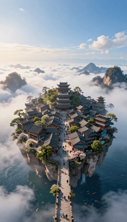 仙境素材：云海孤岛：仙境古城的超现实画卷