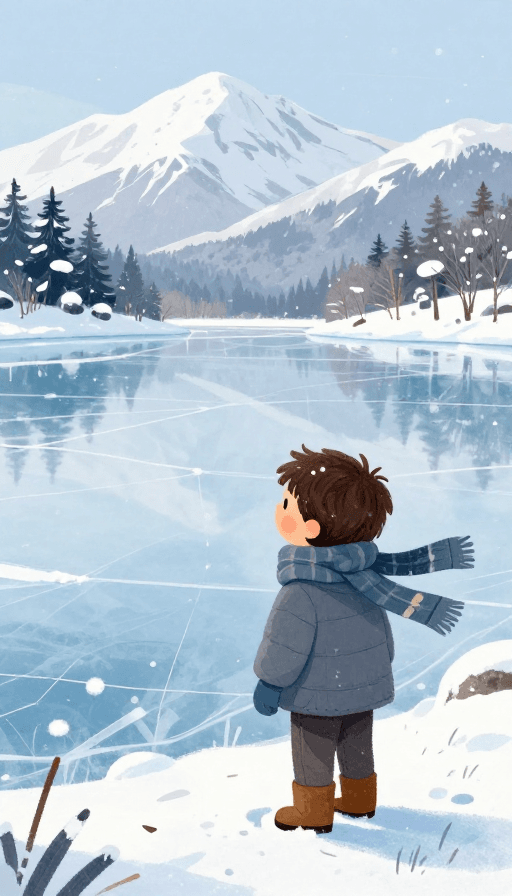 立冬节气素材：冬日初临：小男孩凝视冰雪湖的儿童插画