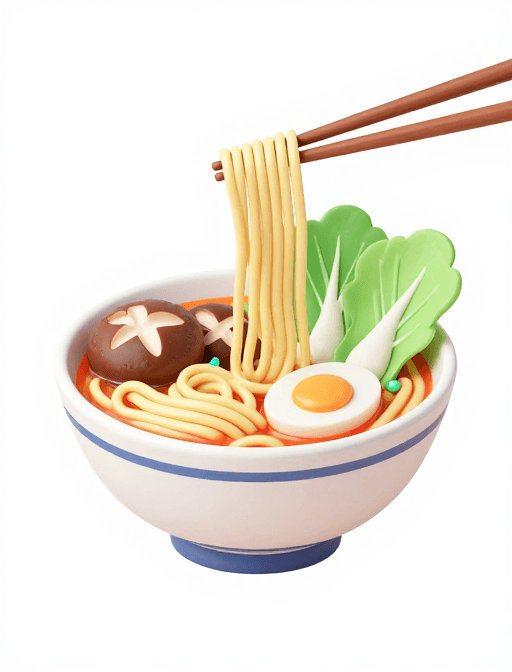 食材特写素材：3D手绘日式拉面：鲜汤配海鲜与蔬菜