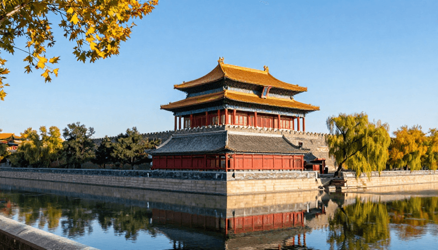 古建筑摄影素材：北京故宫角楼秋日绝景：红墙黄瓦映碧水