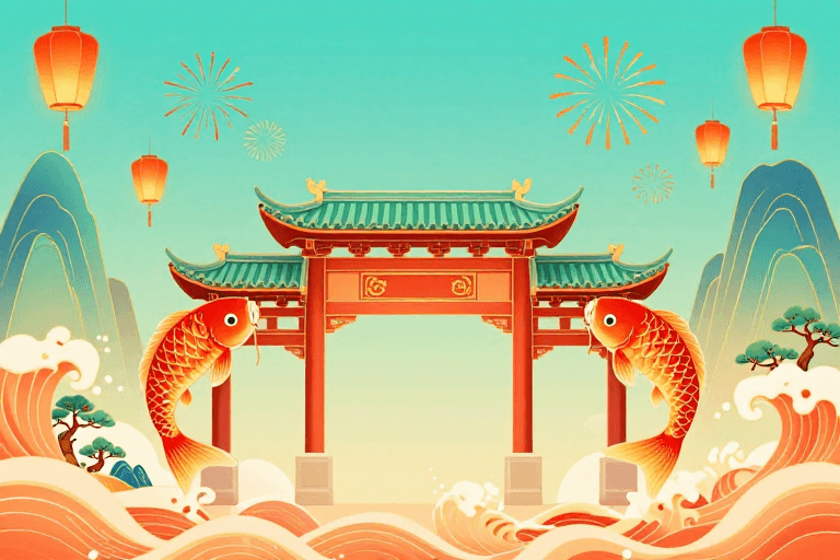 节庆插画素材：中国风锦鲤跃龙门：红柱金瓦的节庆之美