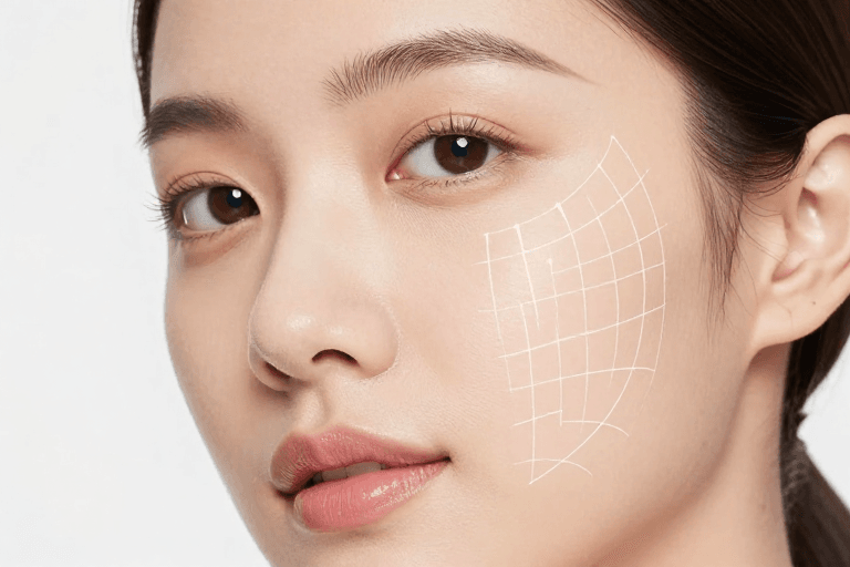 女性肖像素材：亚洲女性面部提拉示意图：专业医美抗衰效果展示