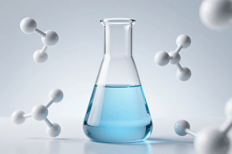 分子结构素材：微观分子世界：透明烧瓶中的蓝色化学幻象
