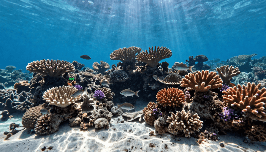 海洋摄影素材：水下珊瑚礁光影与生机：海洋生态高清实拍