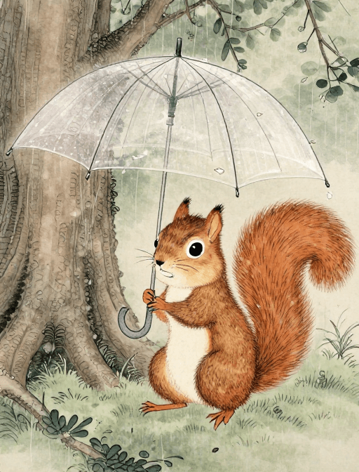温馨插画素材：雨中小松鼠：中国工笔卡通风温馨插画