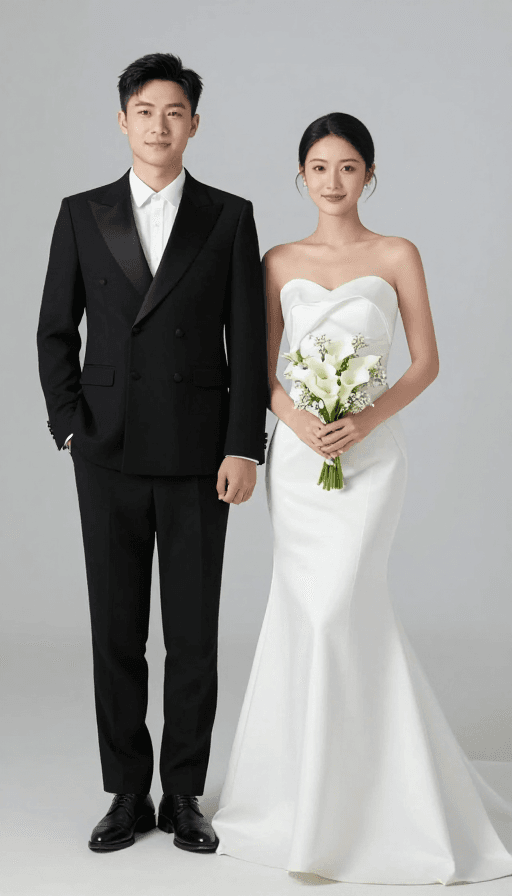 双排扣燕尾服素材：亚洲新人优雅婚礼合影