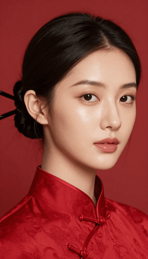 医美模特素材：新中式国潮医美风：红色旗袍模特微距摄影
