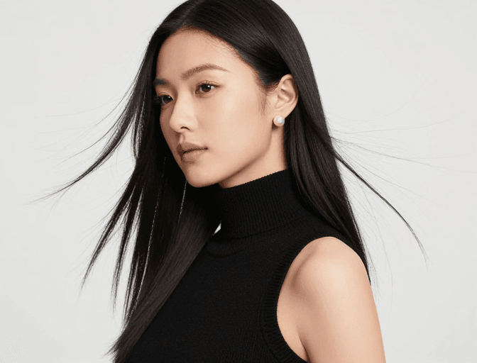珍珠配饰素材：柔光人像：黑发亚洲女性时尚肖像