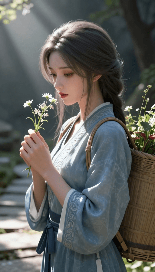 古风人物素材：古风草药少女穿行幽径光影