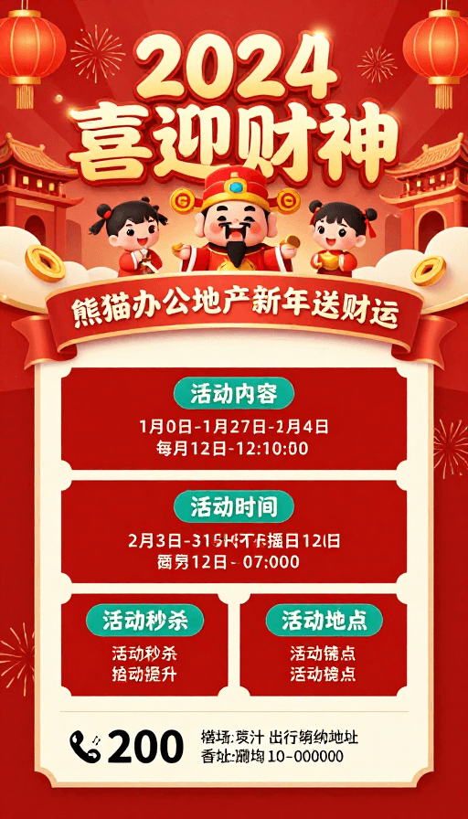 卡通插画素材：2024新春财神祝福：中国风喜庆海报