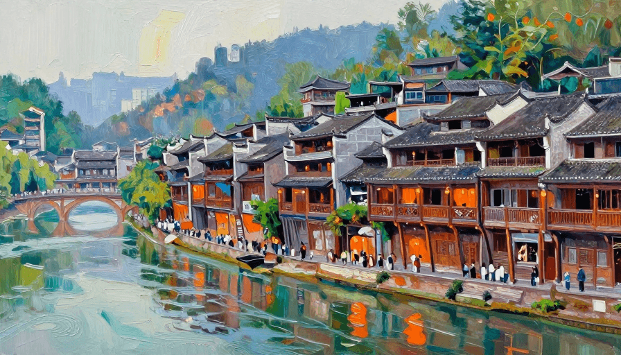 高饱和色彩素材：凤凰古城手绘插画：吊脚楼夜景与游人如织的浪漫光影