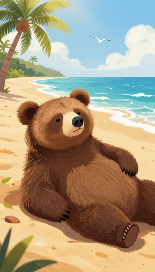 治愈系场景素材：树熊阳光沙滩插画：温暖治愈的夏日场景