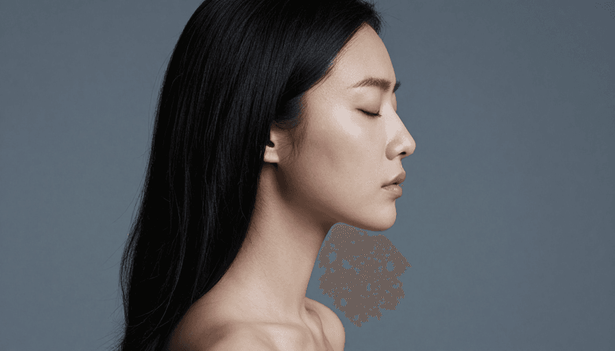 冷调摄影素材：冷调光影下的静谧沉思：亚洲女性侧脸特写