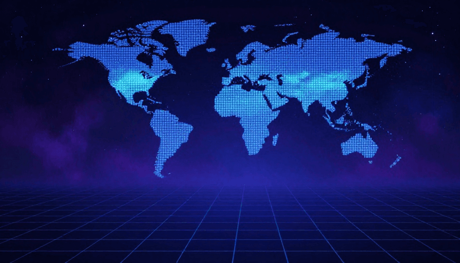 星空背景素材：深邃星空下的像素世界地图：科技感PPT背景