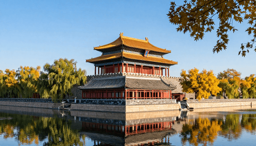 古建筑摄影素材：秋日故宫角楼：红墙黄瓦与湛蓝倒影的绝美摄影