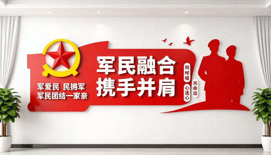 现代简约素材：现代简约红色立体军民融合文化墙设计图