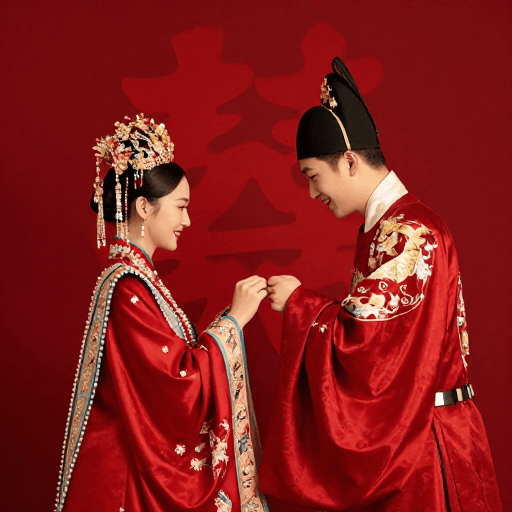 龙凤呈祥素材：喜庆大红色中式婚礼场景，新人传统婚服作揖