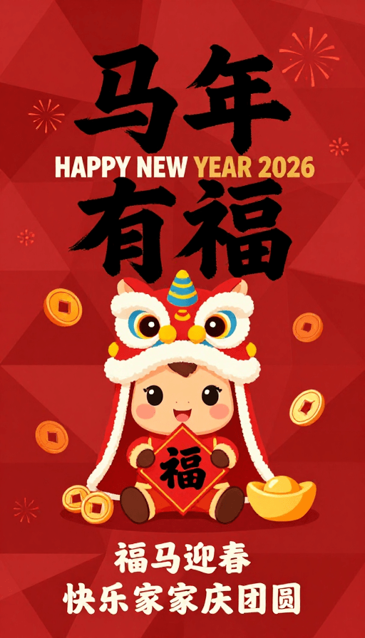 马年新年素材：马年新春插画：红金配色展现传统与现代融合的吉祥寓意