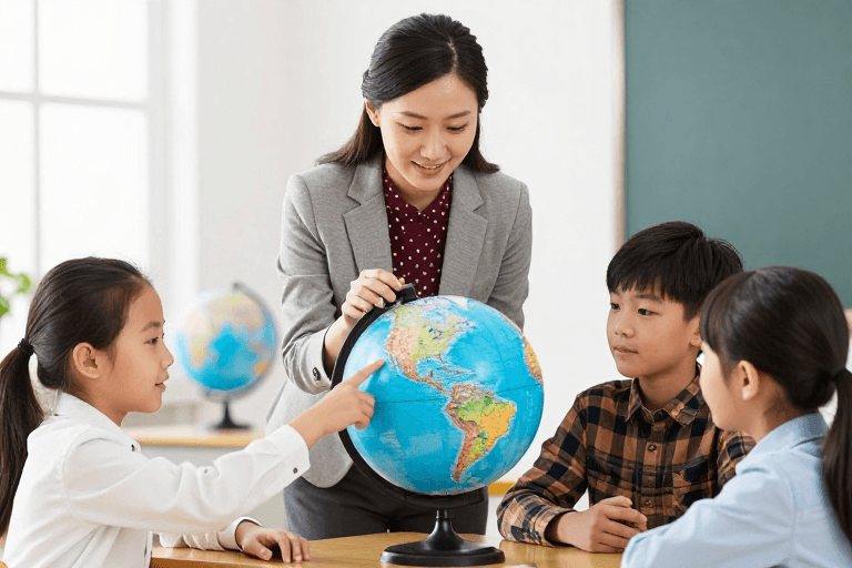 摄影写实素材：教师指导学生观察地球仪的温馨课堂瞬间