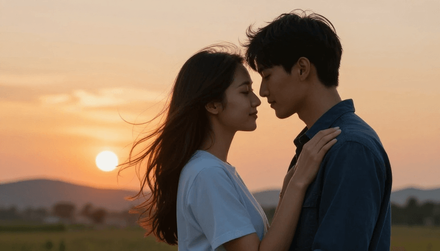 日落摄影素材：秋日黄昏：浅蓝深蓝恋人的深情对视